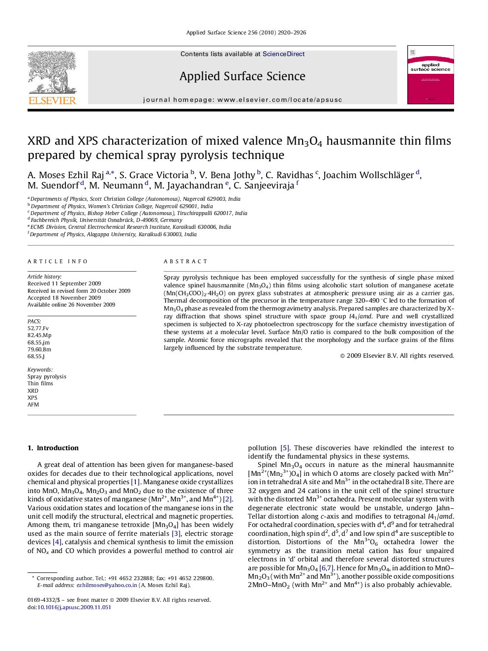 XRD and XPS characterization of mixed valence Mn3O4 hausmannite thin films prepared by chemical spray pyrolysis technique