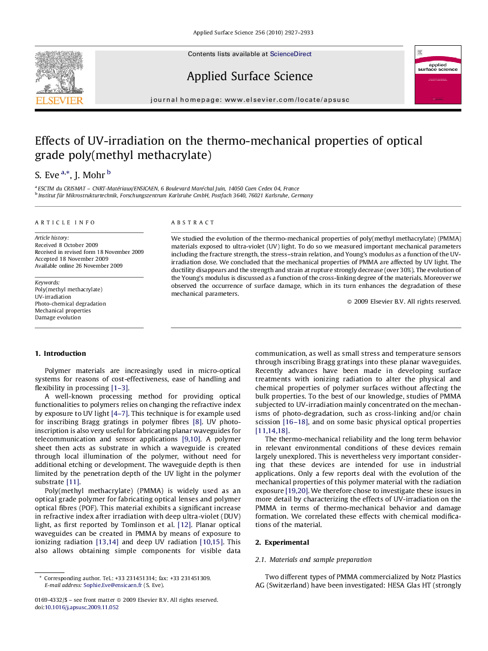 Effects of UV-irradiation on the thermo-mechanical properties of optical grade poly(methyl methacrylate)