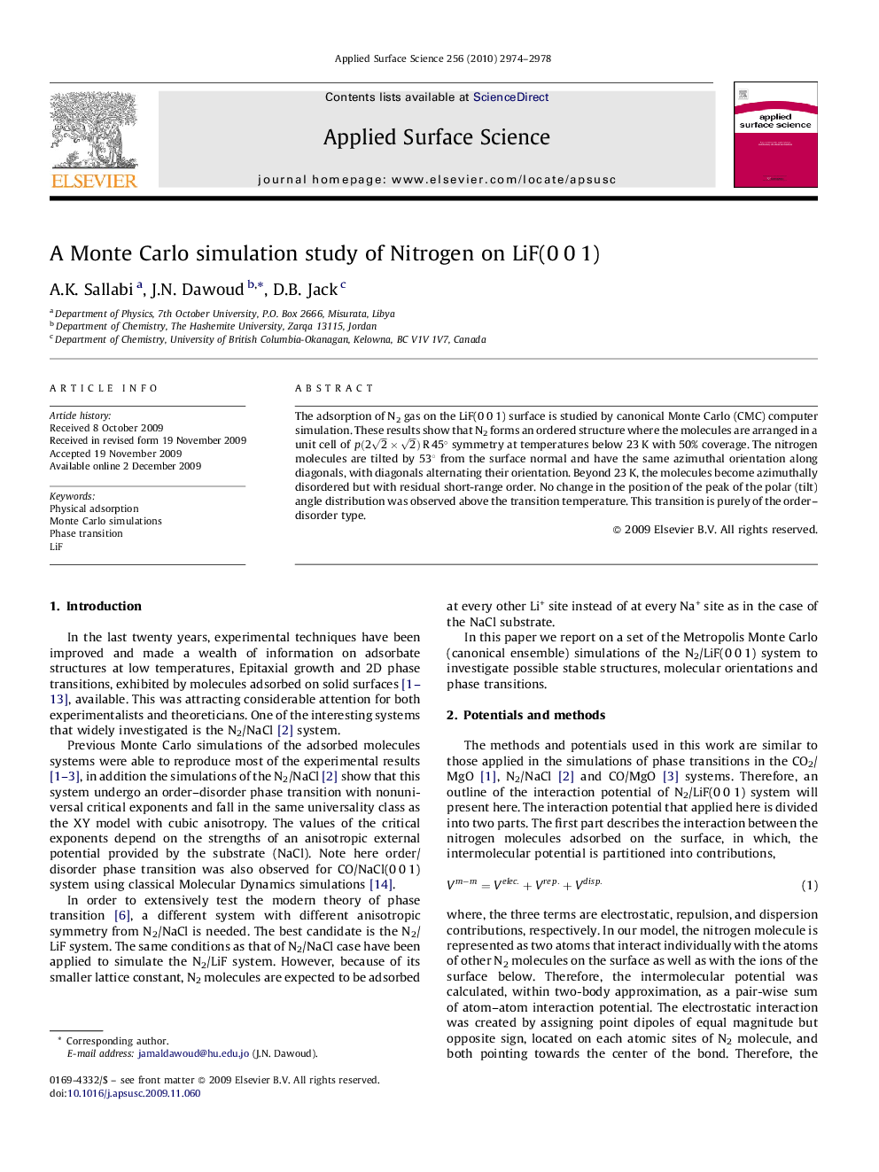 A Monte Carlo simulation study of Nitrogen on LiF(0 0 1)