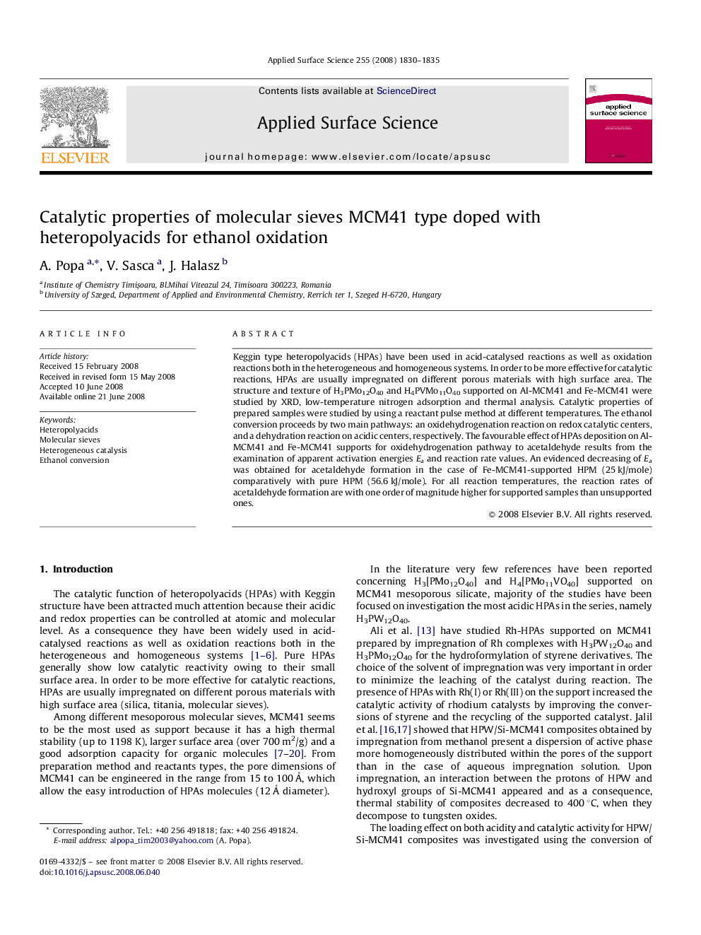 Catalytic properties of molecular sieves MCM41 type doped with heteropolyacids for ethanol oxidation