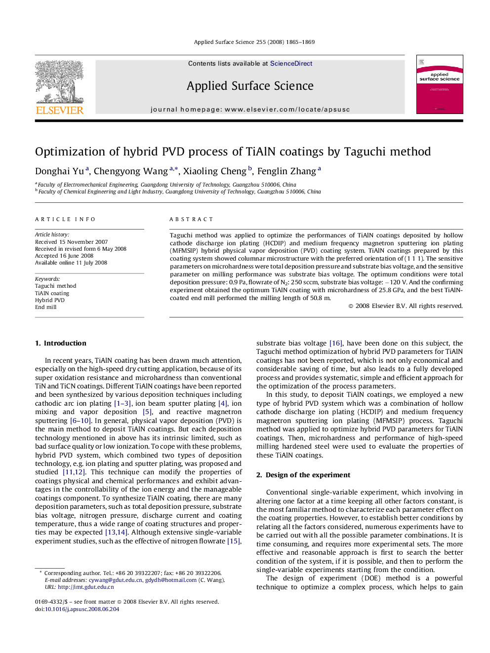 Optimization of hybrid PVD process of TiAlN coatings by Taguchi method