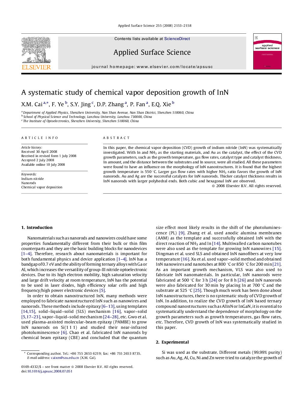 A systematic study of chemical vapor deposition growth of InN