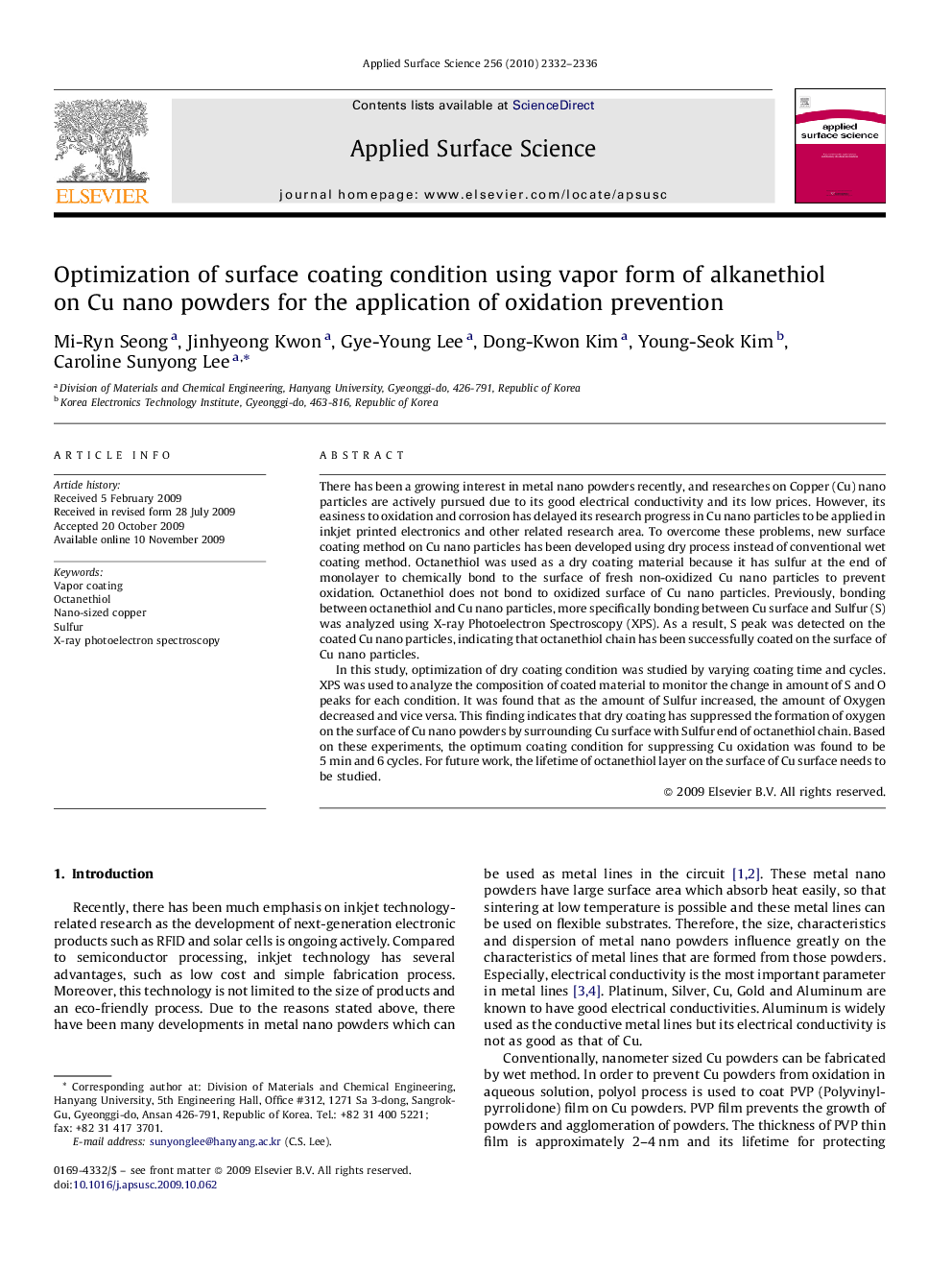 Optimization of surface coating condition using vapor form of alkanethiol on Cu nano powders for the application of oxidation prevention