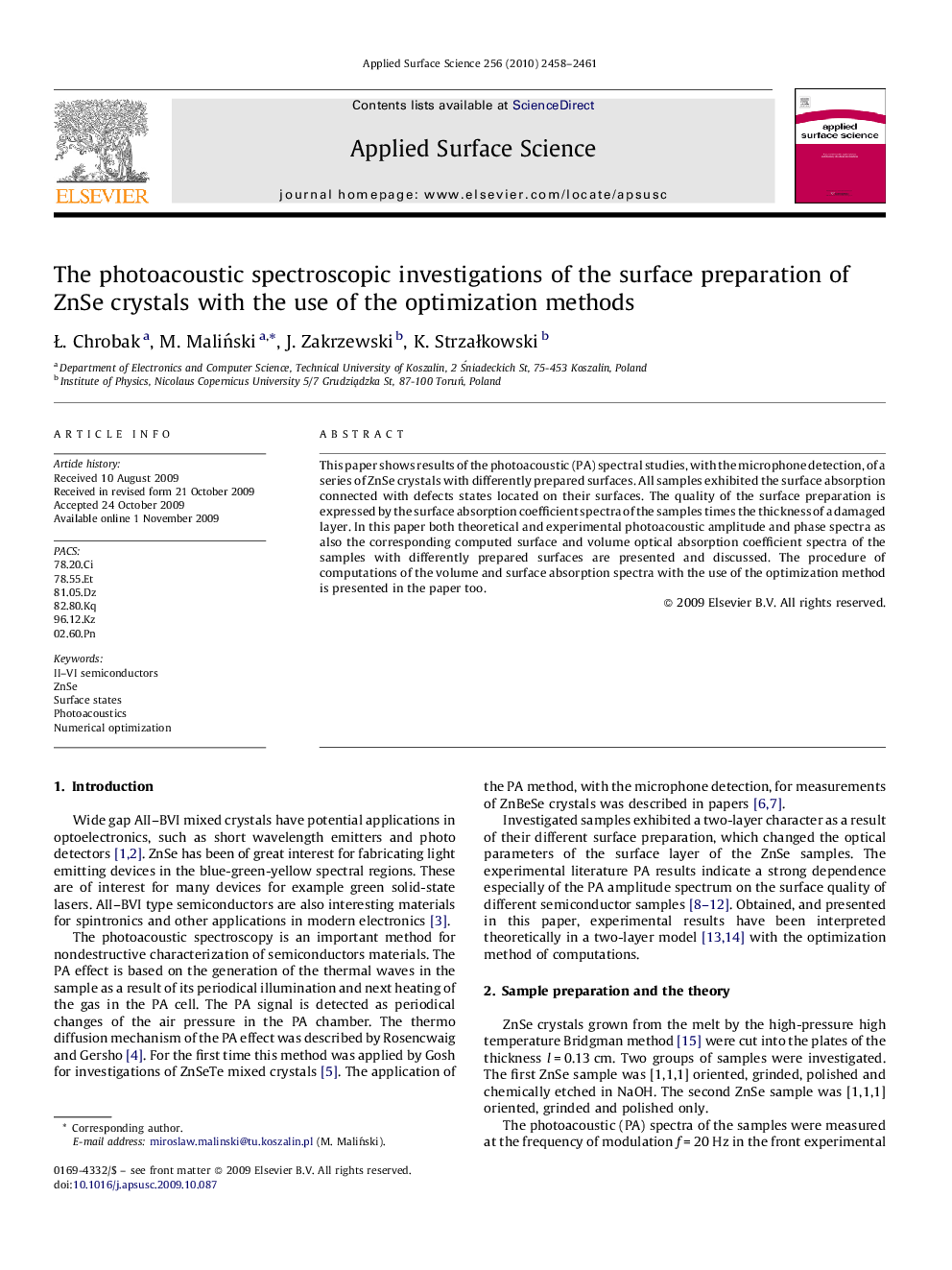 The photoacoustic spectroscopic investigations of the surface preparation of ZnSe crystals with the use of the optimization methods