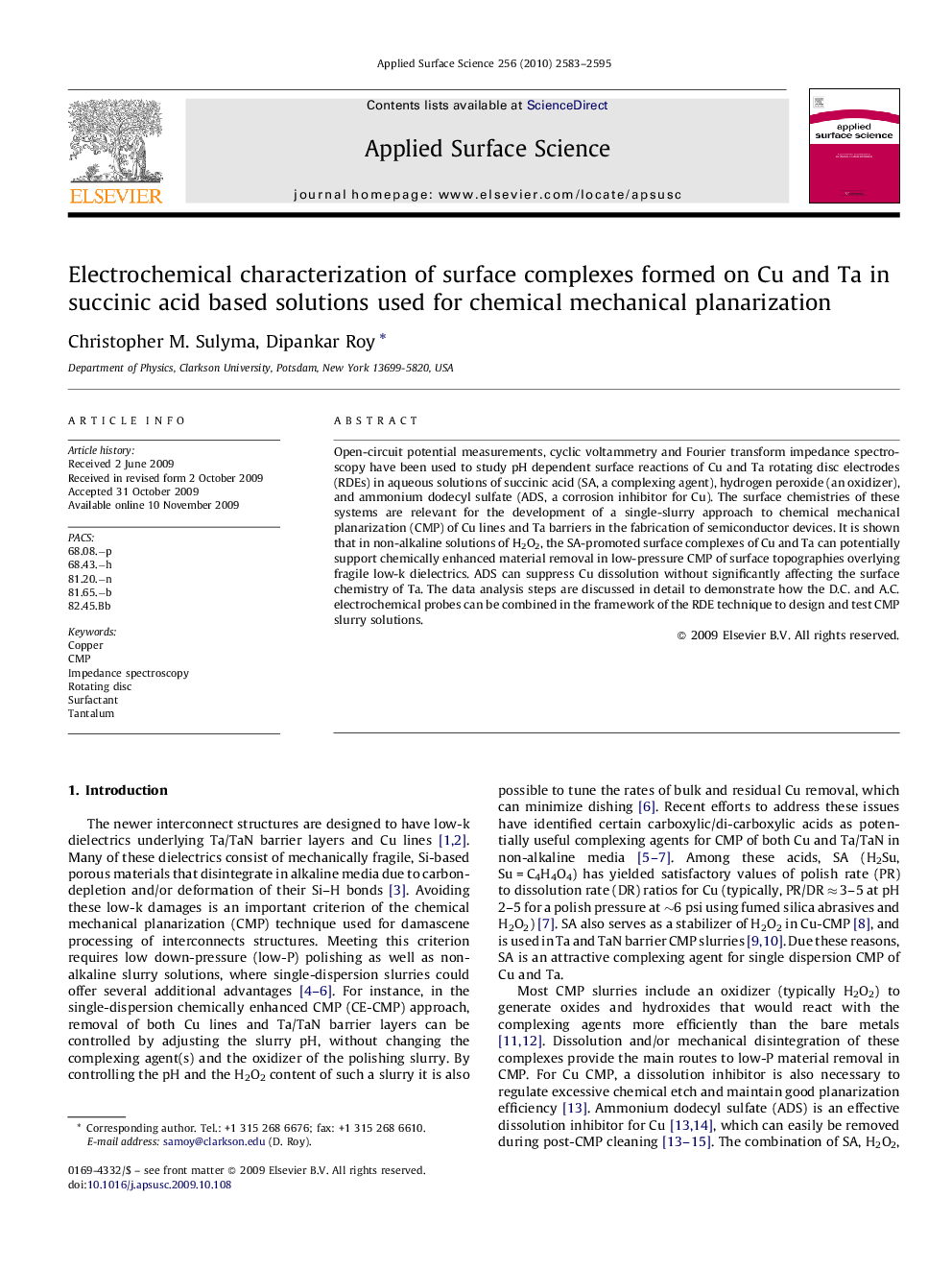 Electrochemical characterization of surface complexes formed on Cu and Ta in succinic acid based solutions used for chemical mechanical planarization