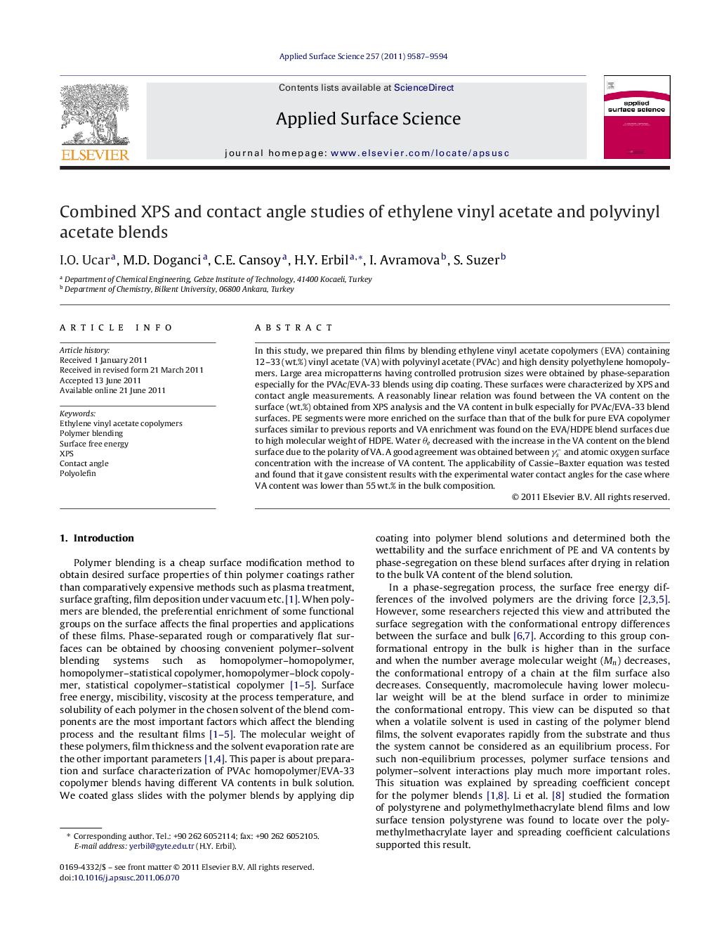 Combined XPS and contact angle studies of ethylene vinyl acetate and polyvinyl acetate blends