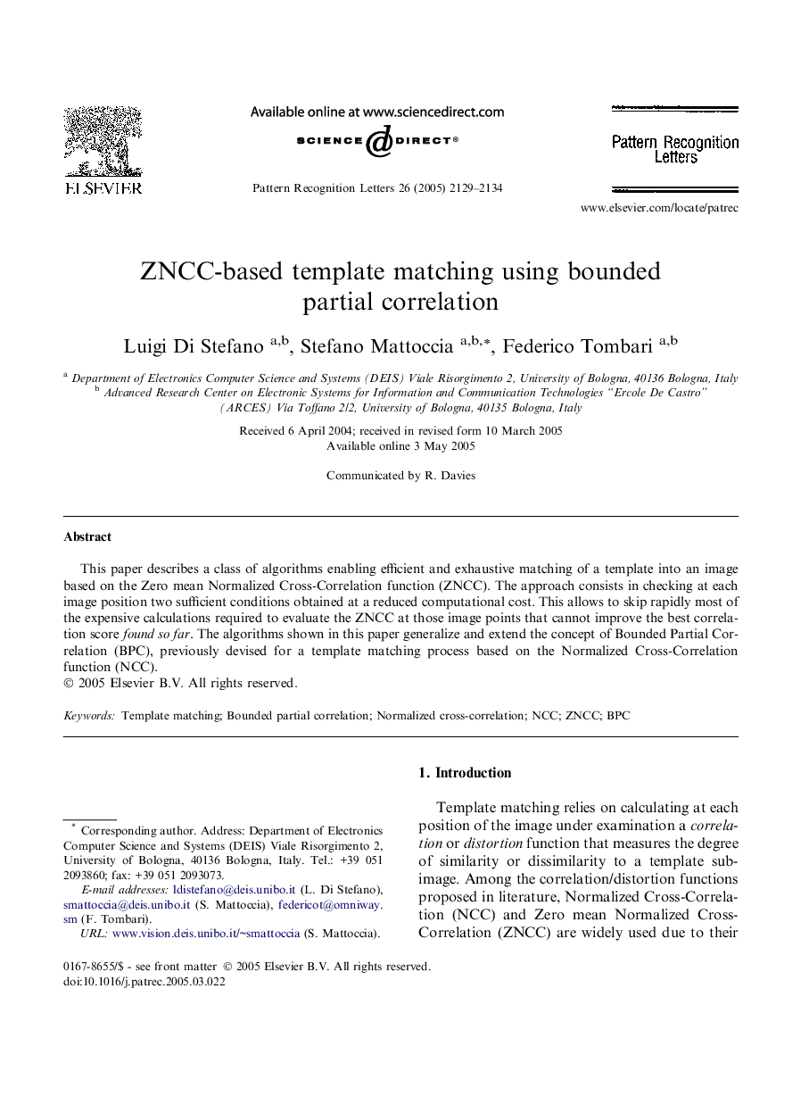 ZNCC-based template matching using bounded partial correlation