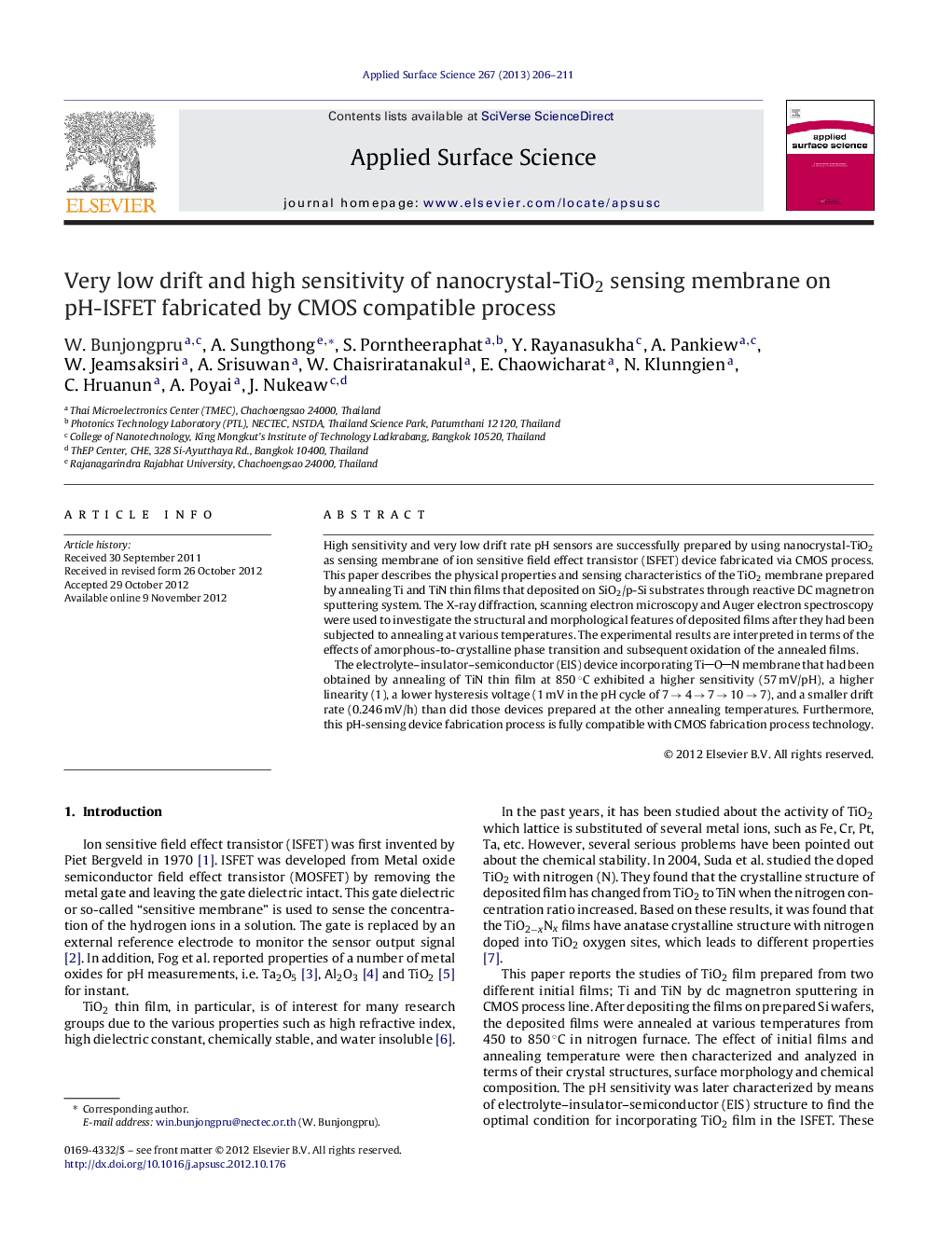 عکس صفحه اول مقاله: Very low drift and high sensitivity of nanocrystal-TiO2 sensing membrane on pH-ISFET fabricated by CMOS compatible process Very low drift and high sensitivity of nanocrystal-TiO2 sensing membrane on pH-ISFET fabricated by CMOS compatible process