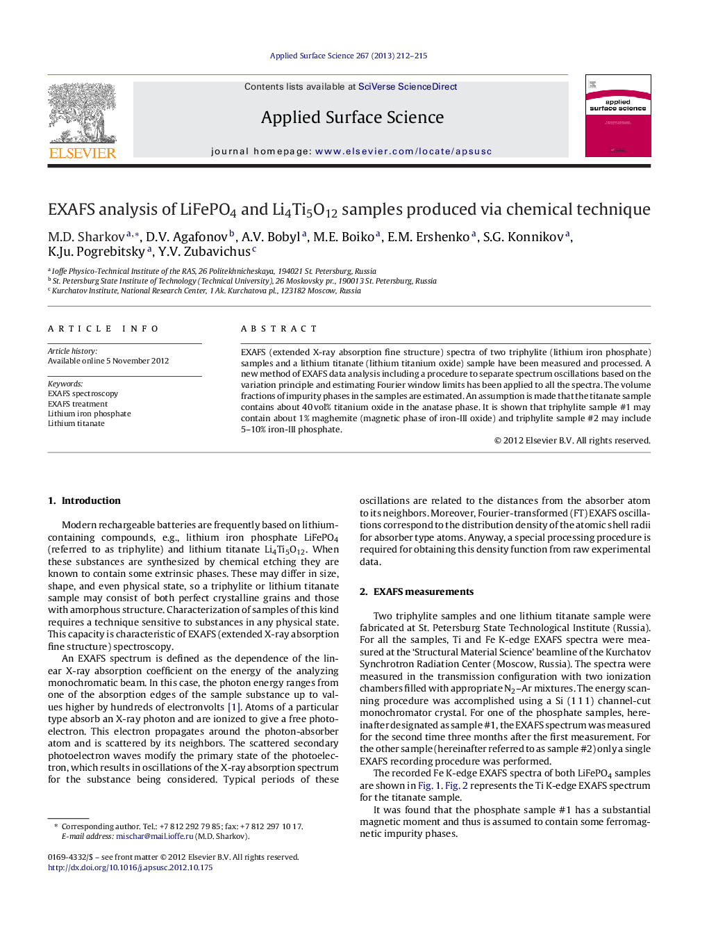 EXAFS analysis of LiFePO4 and Li4Ti5O12 samples produced via chemical technique