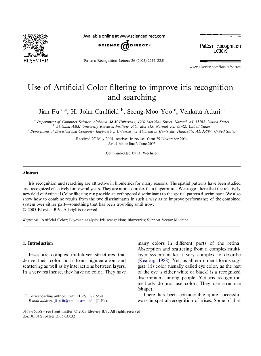 Use of Artificial Color filtering to improve iris recognition and searching