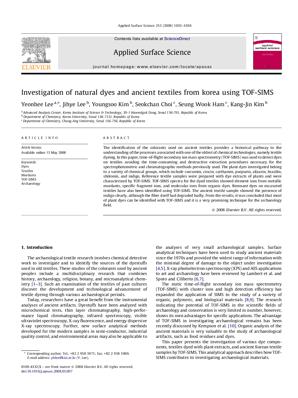 Investigation of natural dyes and ancient textiles from korea using TOF-SIMS