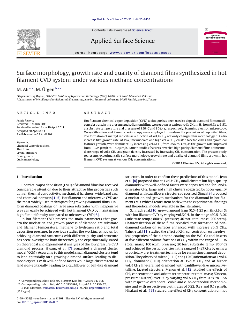 Surface morphology, growth rate and quality of diamond films synthesized in hot filament CVD system under various methane concentrations