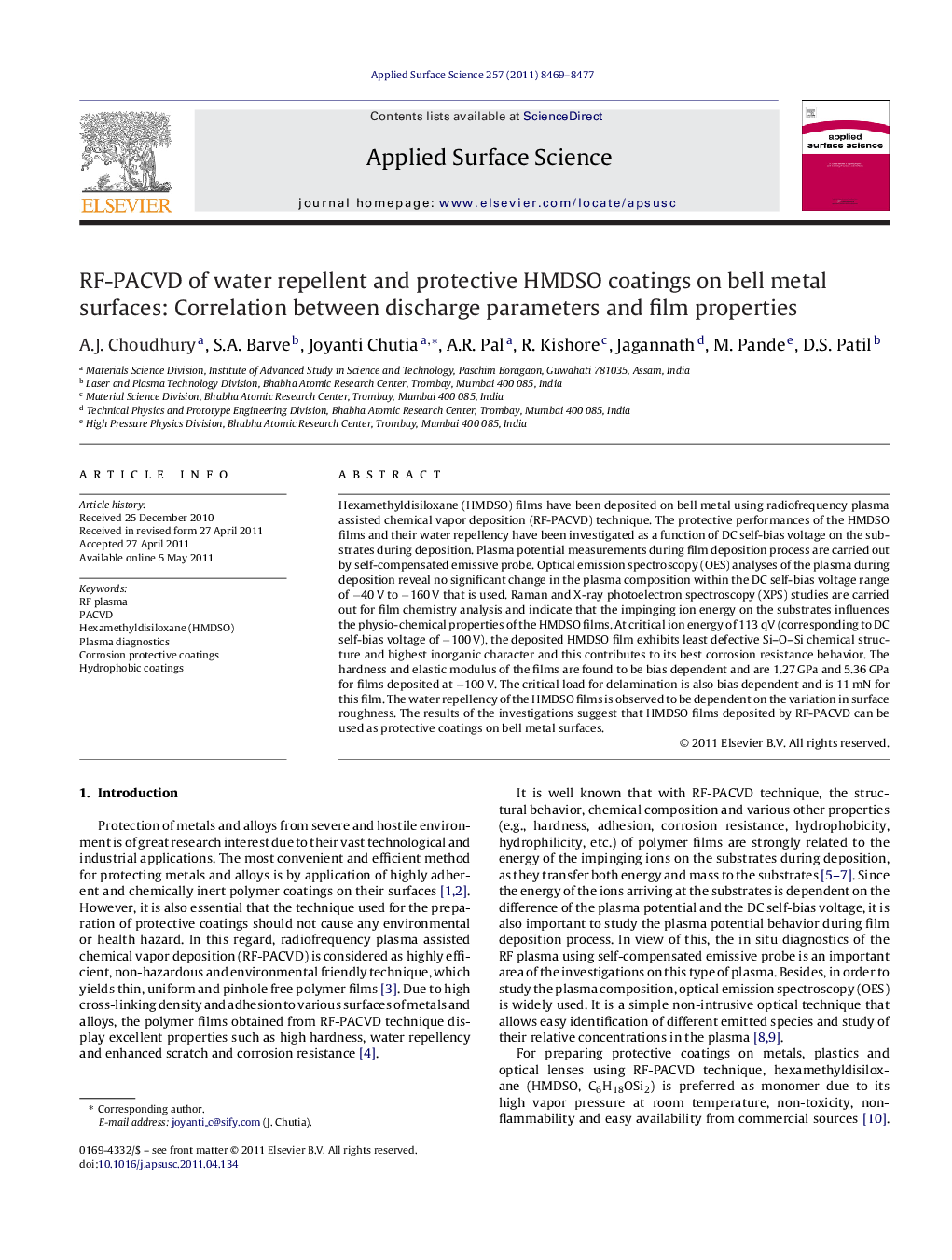 RF-PACVD of water repellent and protective HMDSO coatings on bell metal surfaces: Correlation between discharge parameters and film properties