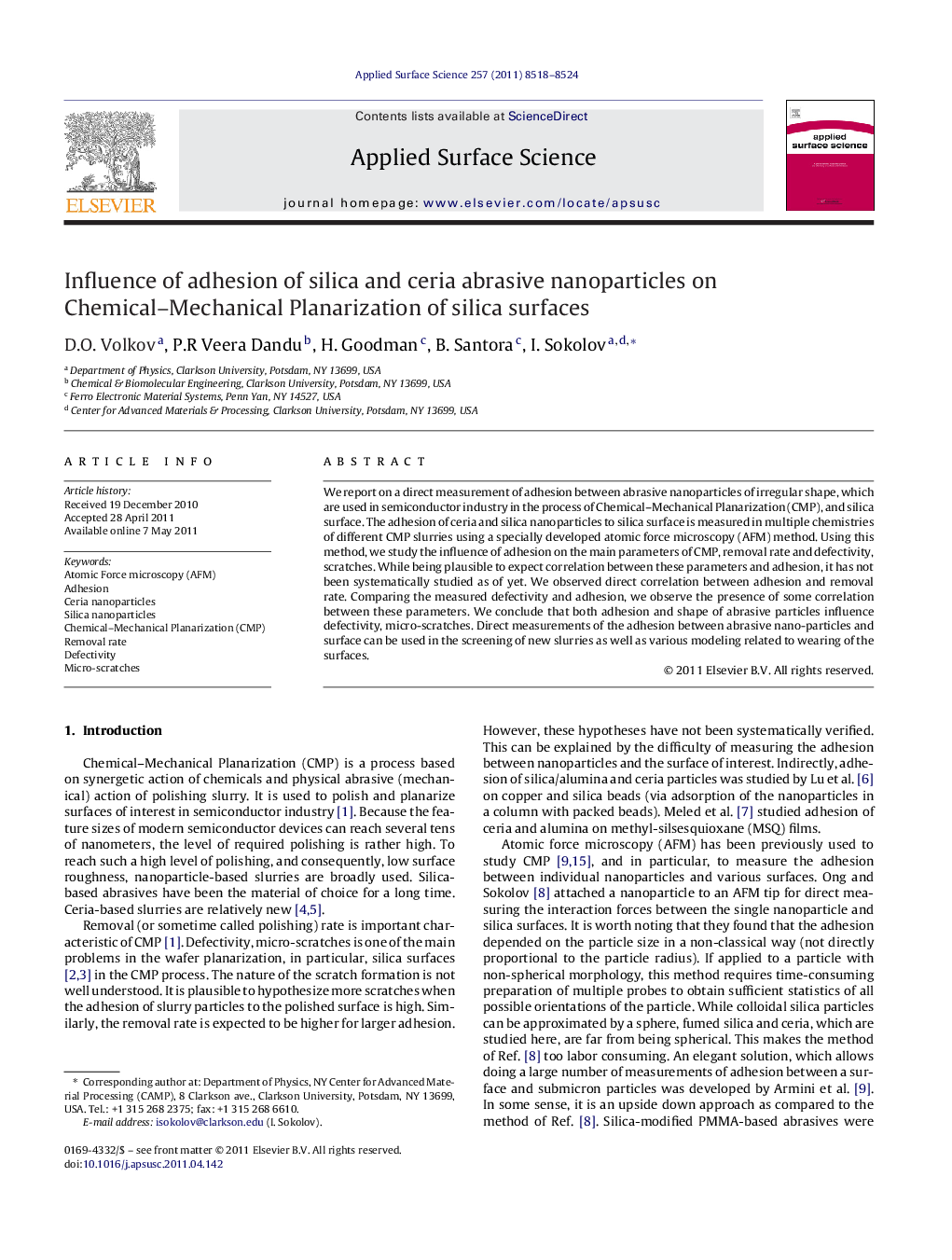 Influence of adhesion of silica and ceria abrasive nanoparticles on Chemical-Mechanical Planarization of silica surfaces