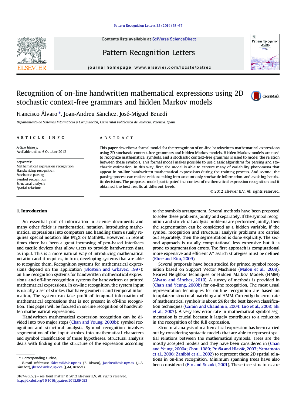 Recognition of on-line handwritten mathematical expressions using 2D stochastic context-free grammars and hidden Markov models