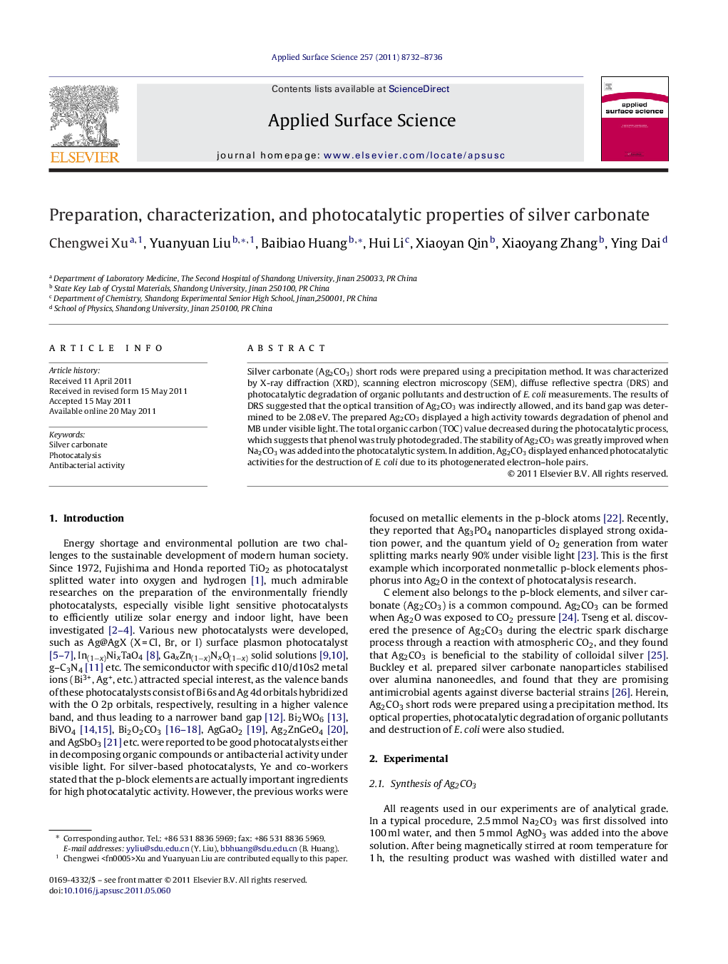 Preparation, characterization, and photocatalytic properties of silver carbonate