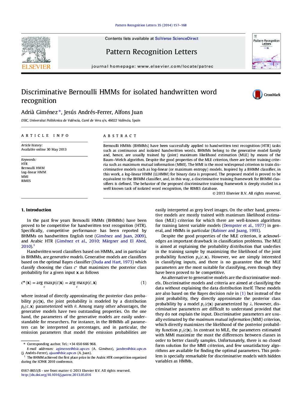 Discriminative Bernoulli HMMs for isolated handwritten word recognition