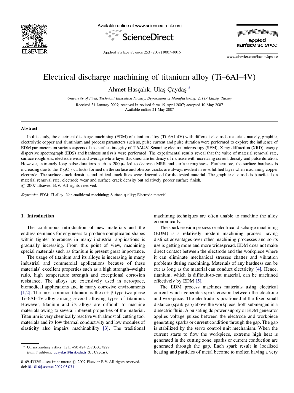 Electrical discharge machining of titanium alloy (Ti-6Al-4V)