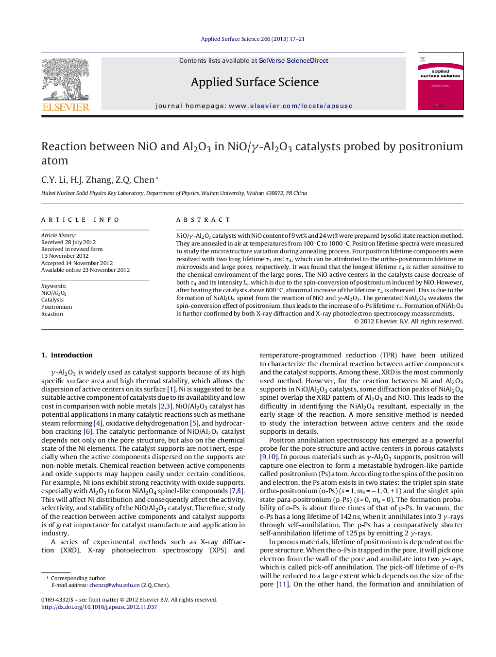 Reaction between NiO and Al2O3 in NiO/Î³-Al2O3 catalysts probed by positronium atom