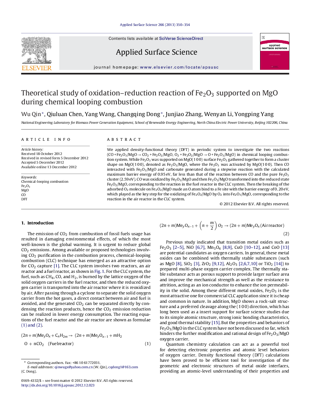 Theoretical study of oxidation-reduction reaction of Fe2O3 supported on MgO during chemical looping combustion