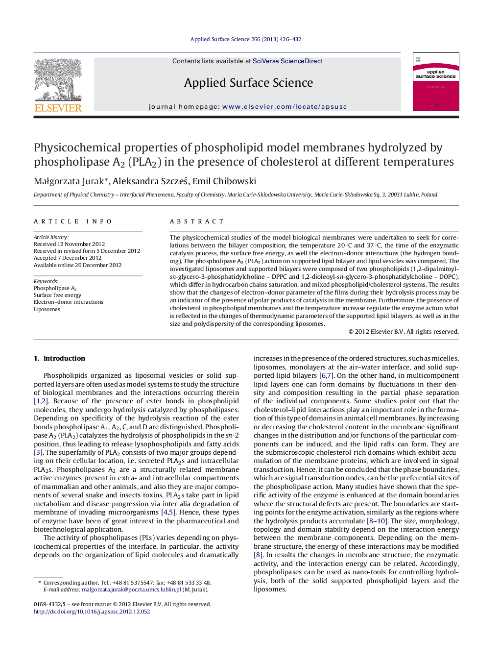 Physicochemical properties of phospholipid model membranes hydrolyzed by phospholipase A2 (PLA2) in the presence of cholesterol at different temperatures