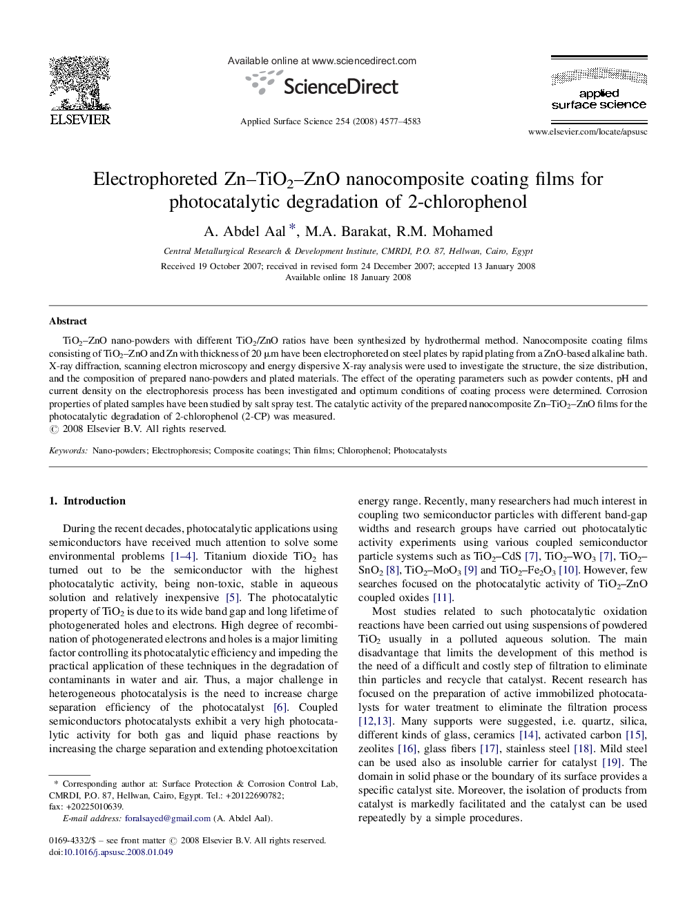 Electrophoreted Zn-TiO2-ZnO nanocomposite coating films for photocatalytic degradation of 2-chlorophenol