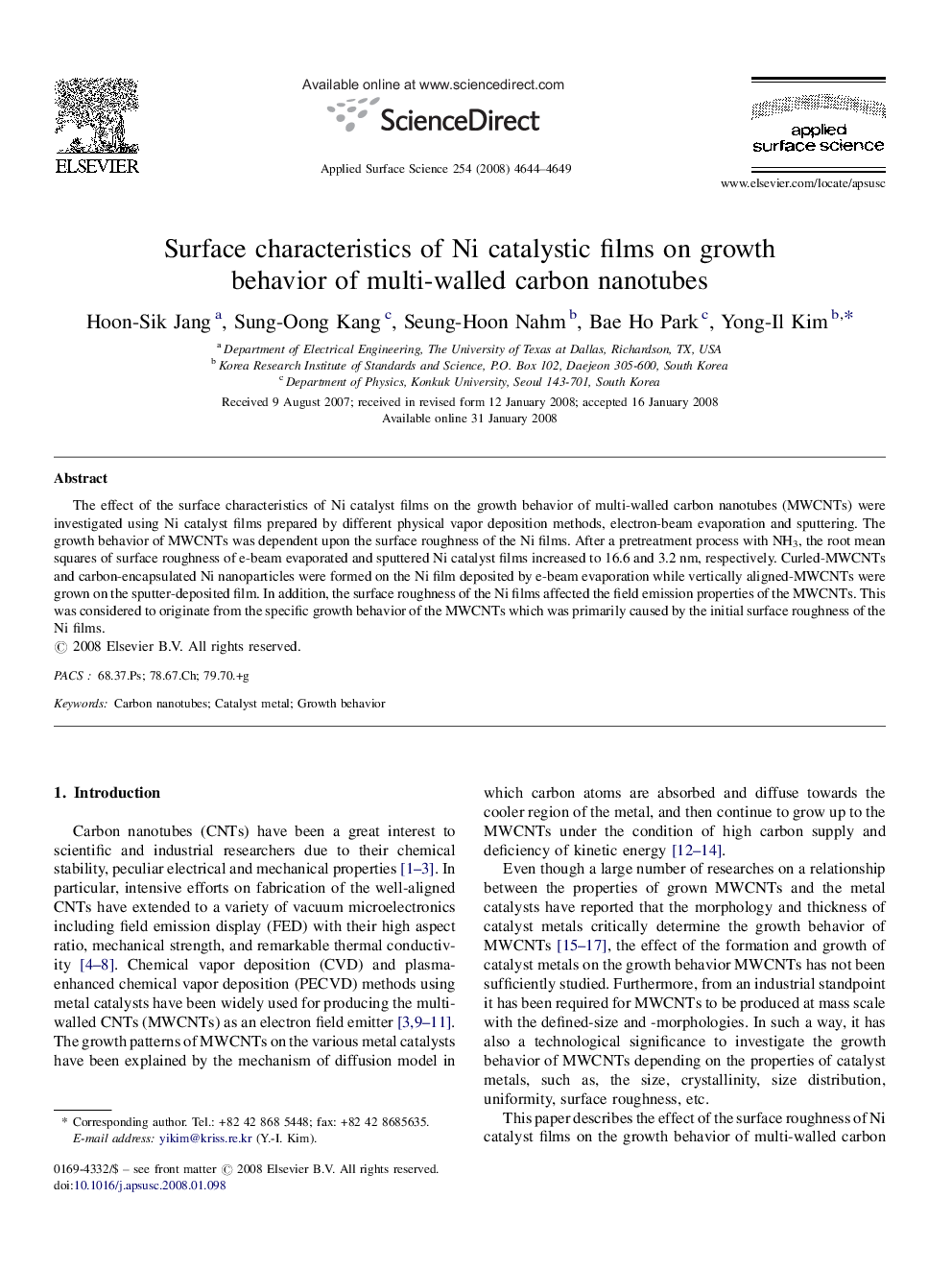 Surface characteristics of Ni catalystic films on growth behavior of multi-walled carbon nanotubes