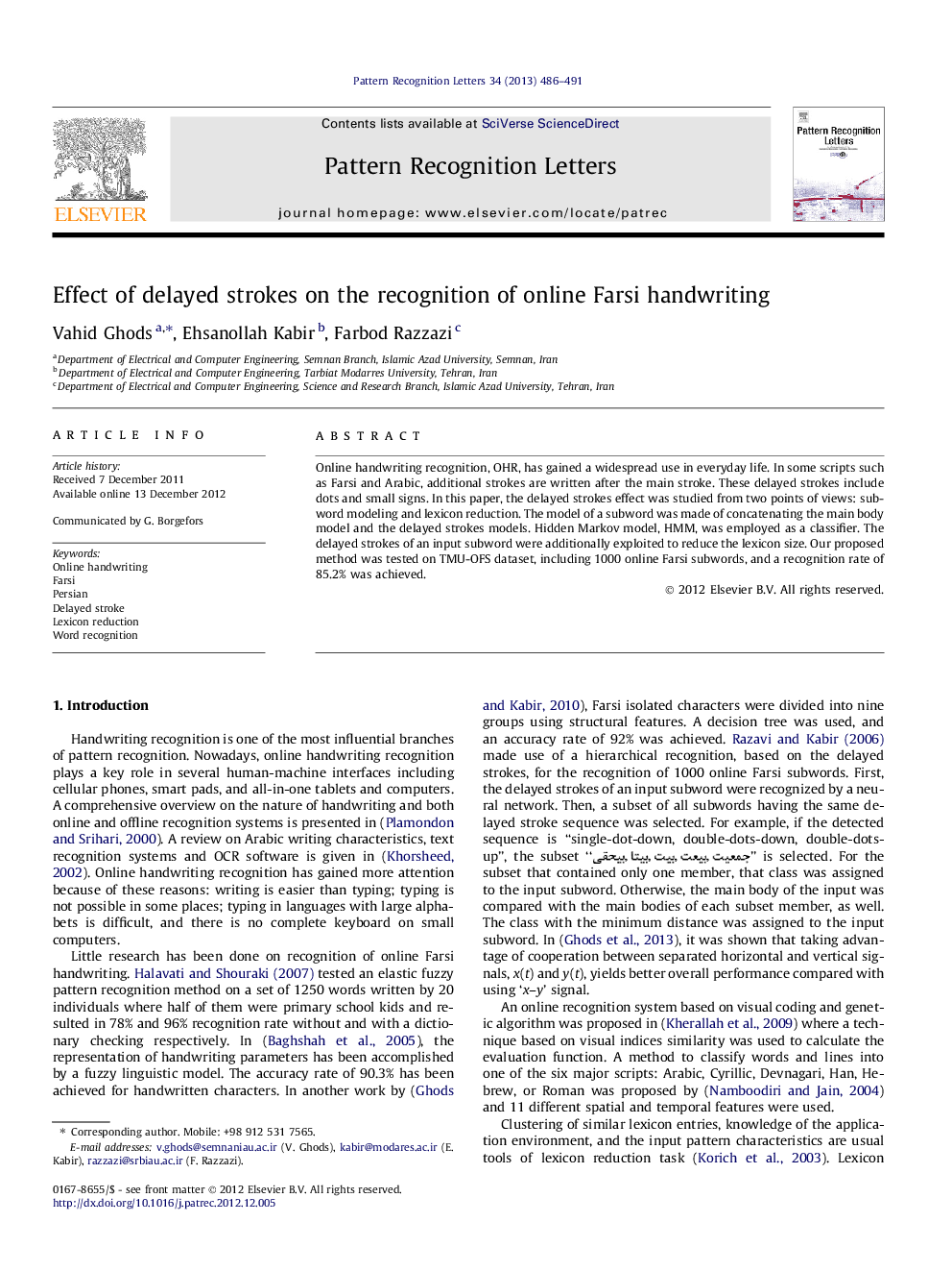 Effect of delayed strokes on the recognition of online Farsi handwriting