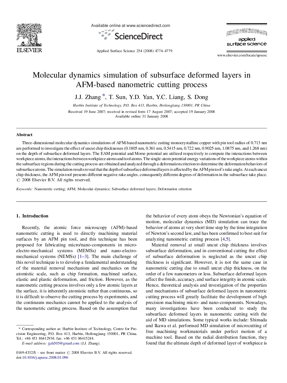 Molecular dynamics simulation of subsurface deformed layers in AFM-based nanometric cutting process