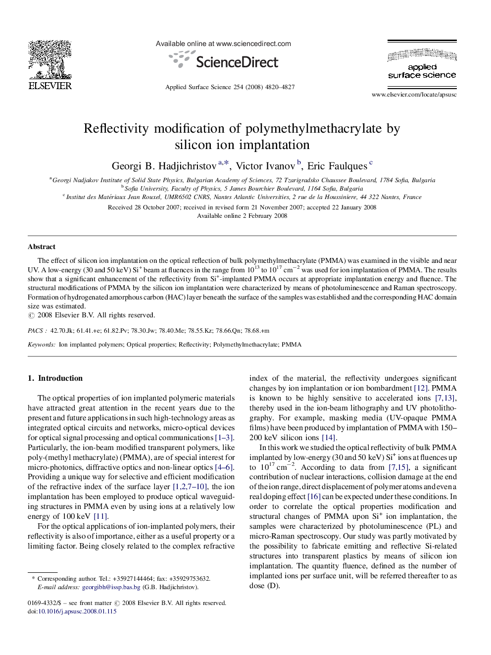 Reflectivity modification of polymethylmethacrylate by silicon ion implantation