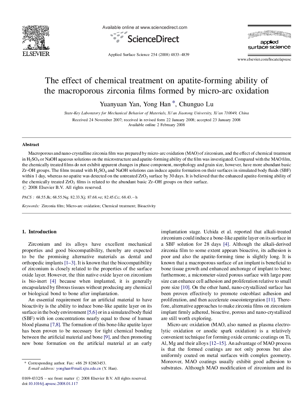 The effect of chemical treatment on apatite-forming ability of the macroporous zirconia films formed by micro-arc oxidation