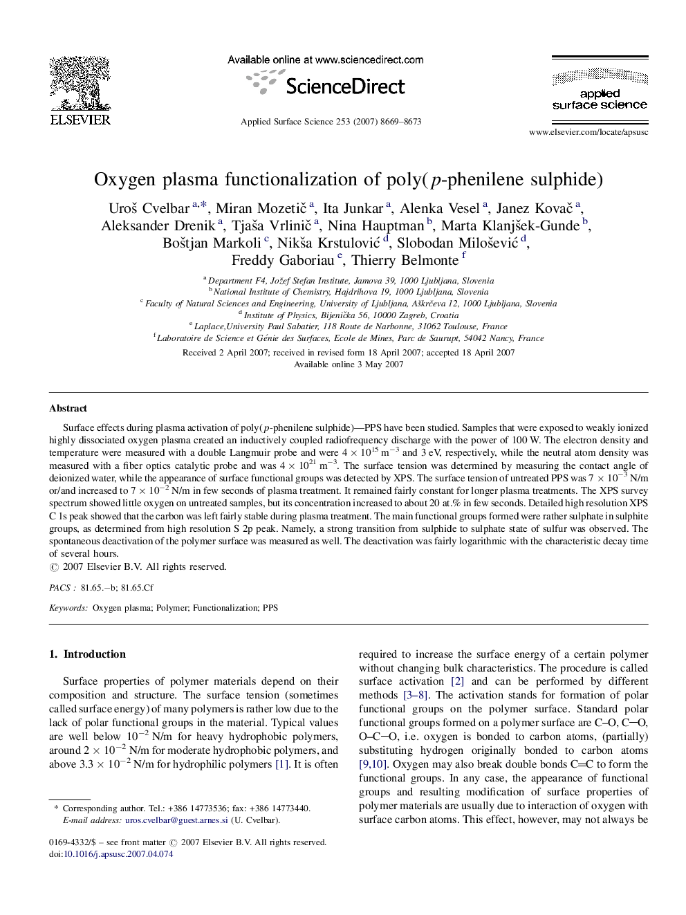 Oxygen plasma functionalization of poly(p-phenilene sulphide)