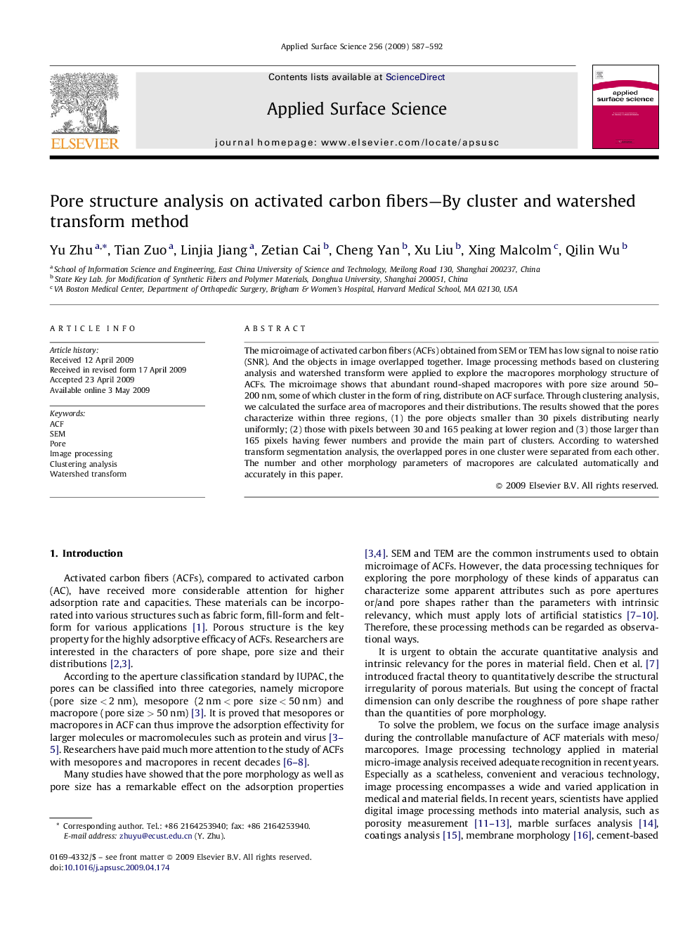 Pore structure analysis on activated carbon fibers-By cluster and watershed transform method