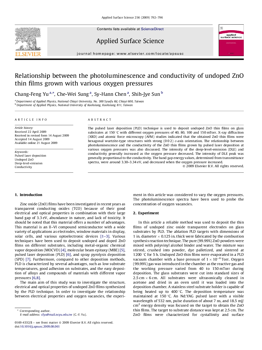 عکس صفحه اول مقاله: Relationship between the photoluminescence and conductivity of undoped ZnO thin films grown with various oxygen pressures Relationship between the photoluminescence and conductivity of undoped ZnO thin films grown with various oxygen pressures