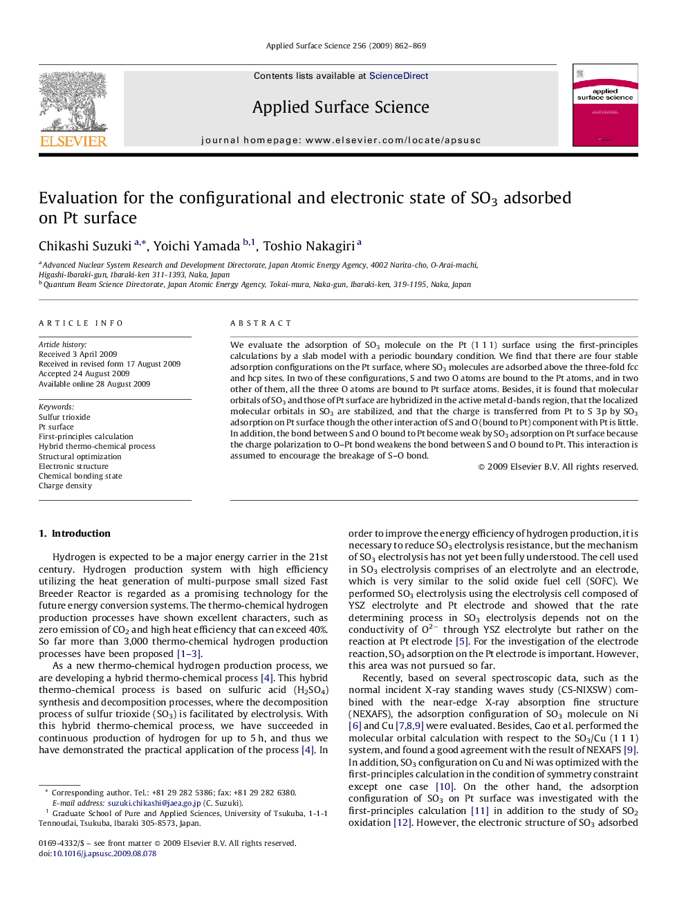 Evaluation for the configurational and electronic state of SO3 adsorbed on Pt surface