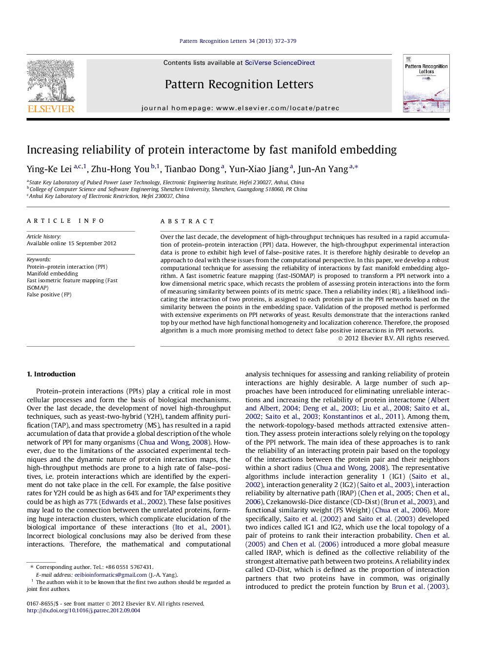 Increasing reliability of protein interactome by fast manifold embedding