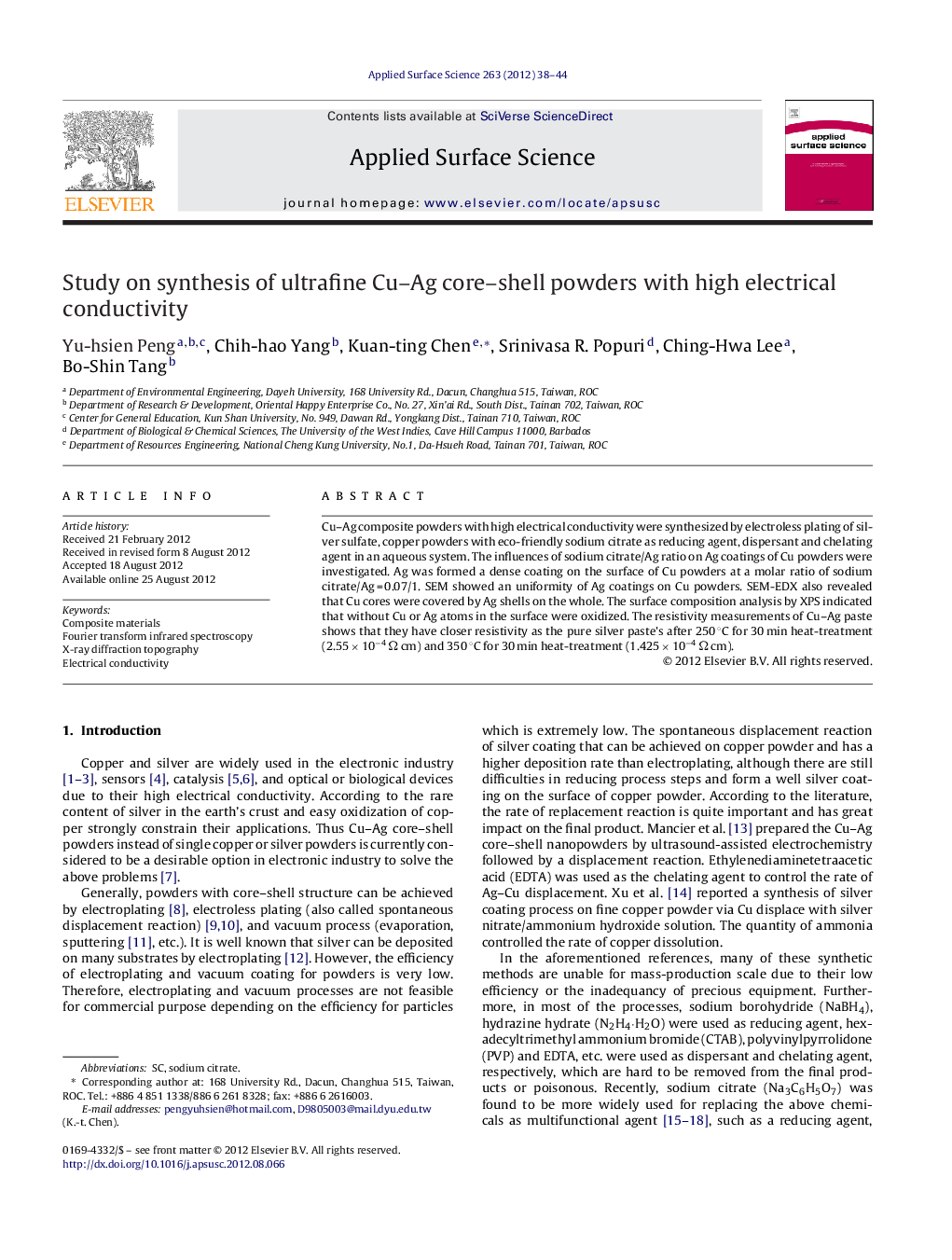 Study on synthesis of ultrafine Cu-Ag core-shell powders with high electrical conductivity