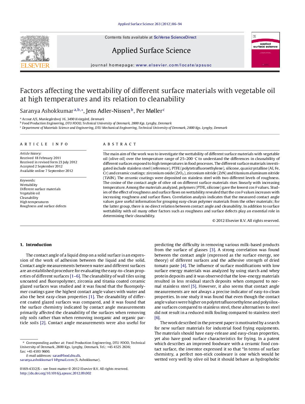 Factors affecting the wettability of different surface materials with vegetable oil at high temperatures and its relation to cleanability