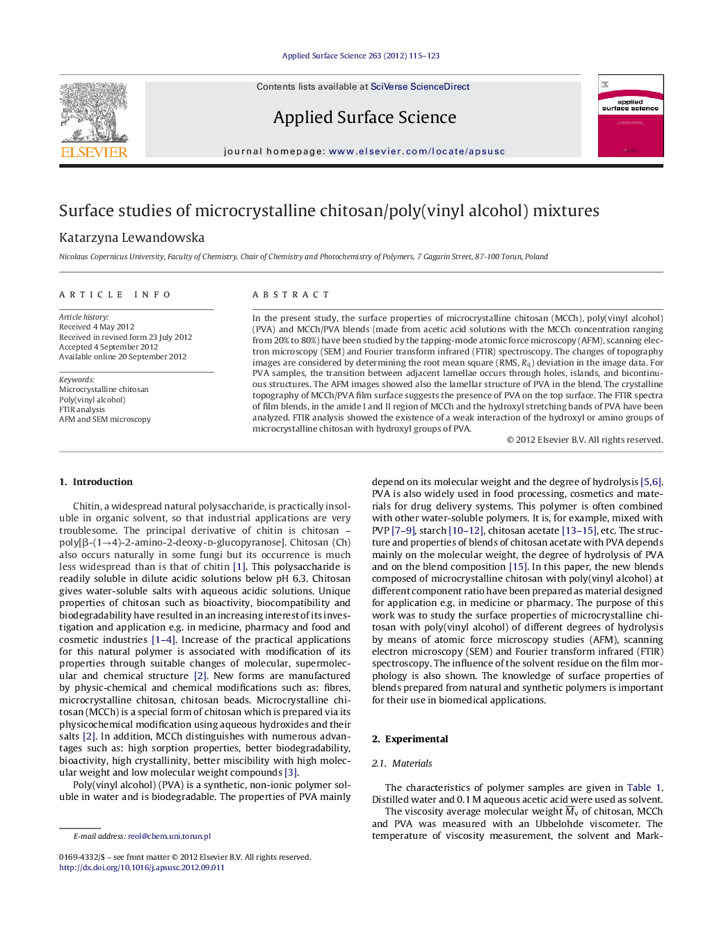 Surface studies of microcrystalline chitosan/poly(vinyl alcohol) mixtures