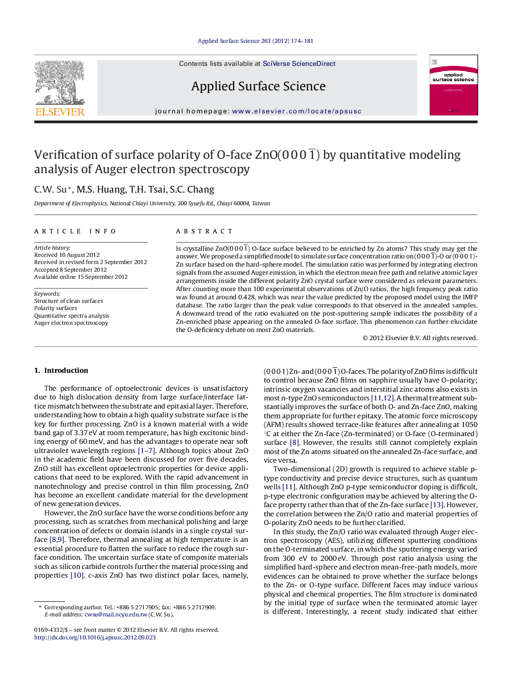 Verification of surface polarity of O-face ZnO(0Â 0Â 0Â 1Â¯) by quantitative modeling analysis of Auger electron spectroscopy