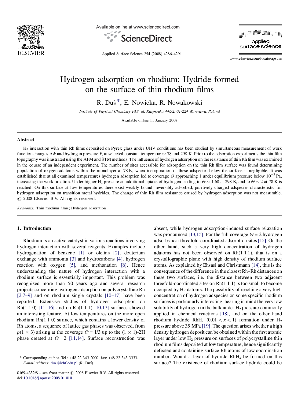 Hydrogen adsorption on rhodium: Hydride formed on the surface of thin rhodium films