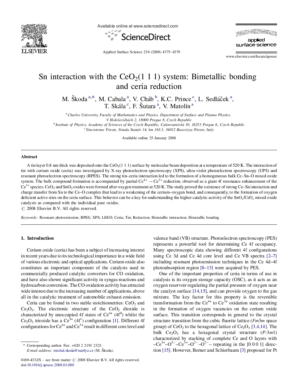 Sn interaction with the CeO2(1Â 1Â 1) system: Bimetallic bonding and ceria reduction