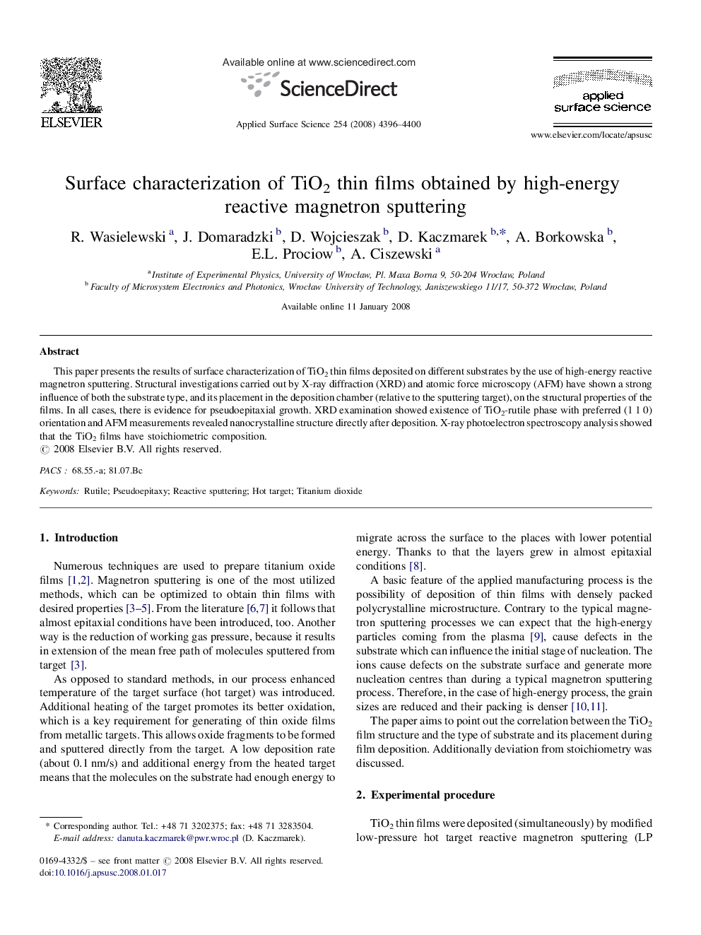 Surface characterization of TiO2 thin films obtained by high-energy reactive magnetron sputtering