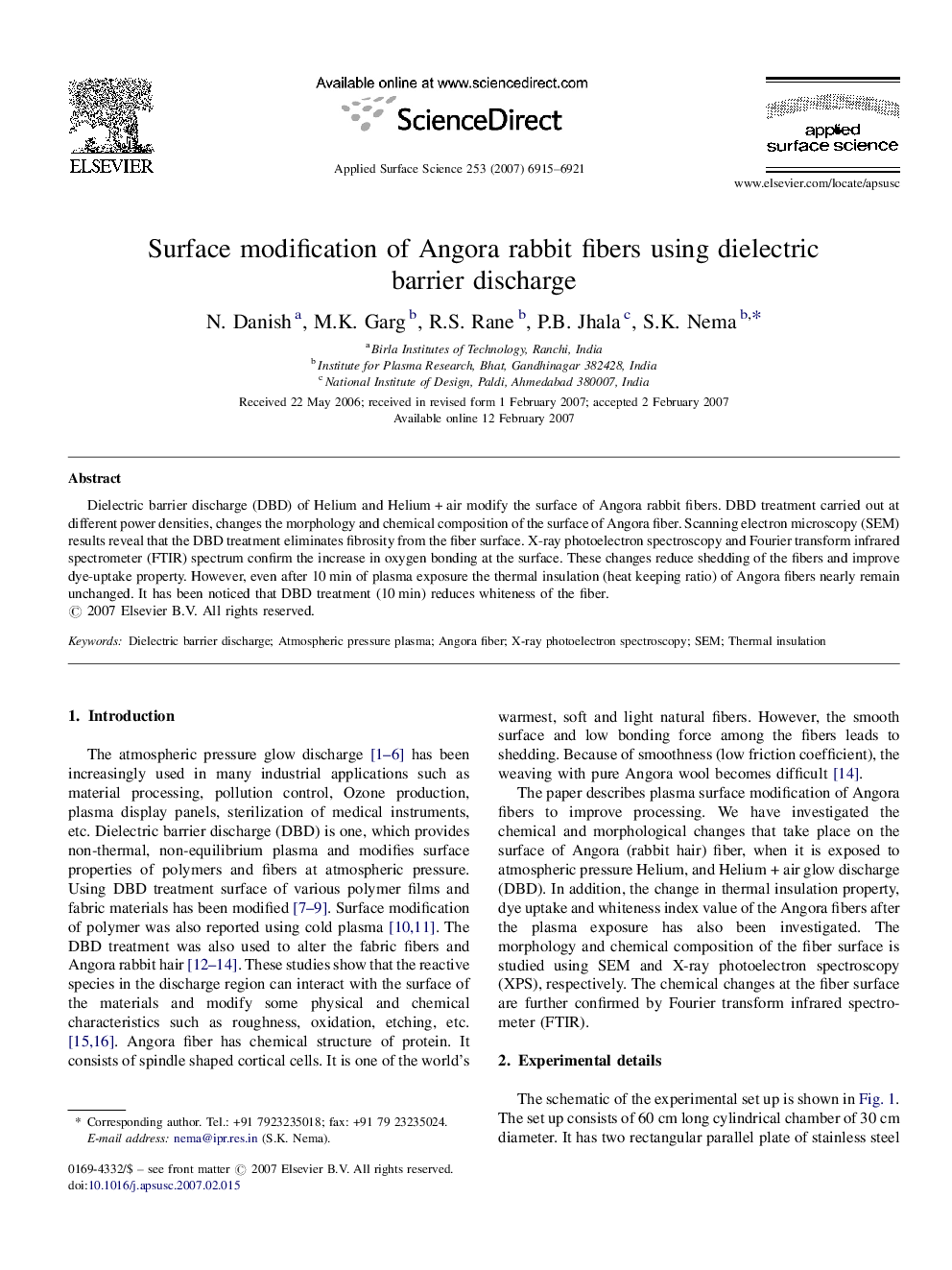 Surface modification of Angora rabbit fibers using dielectric barrier discharge