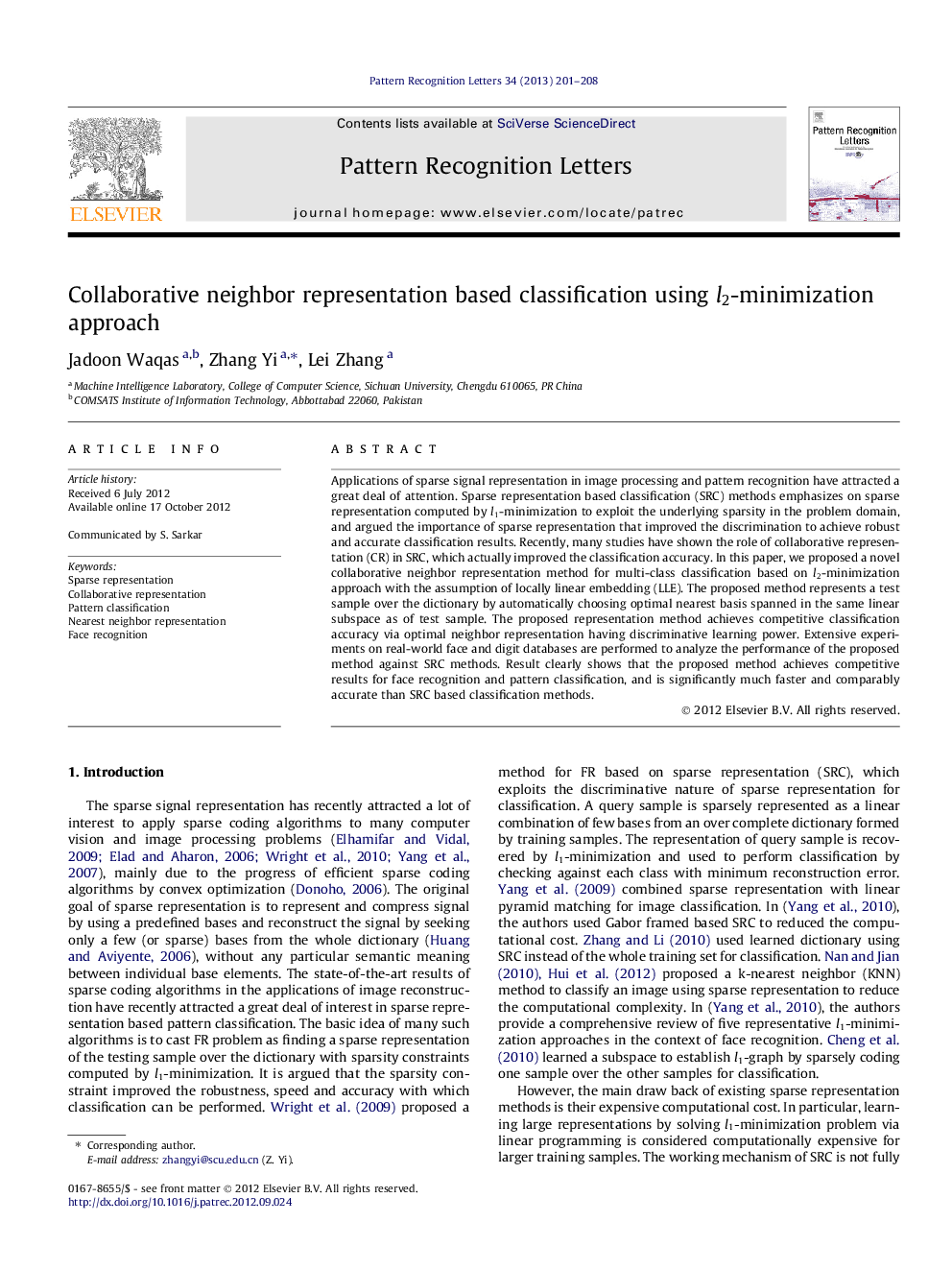 Collaborative neighbor representation based classification using l2l2-minimization approach