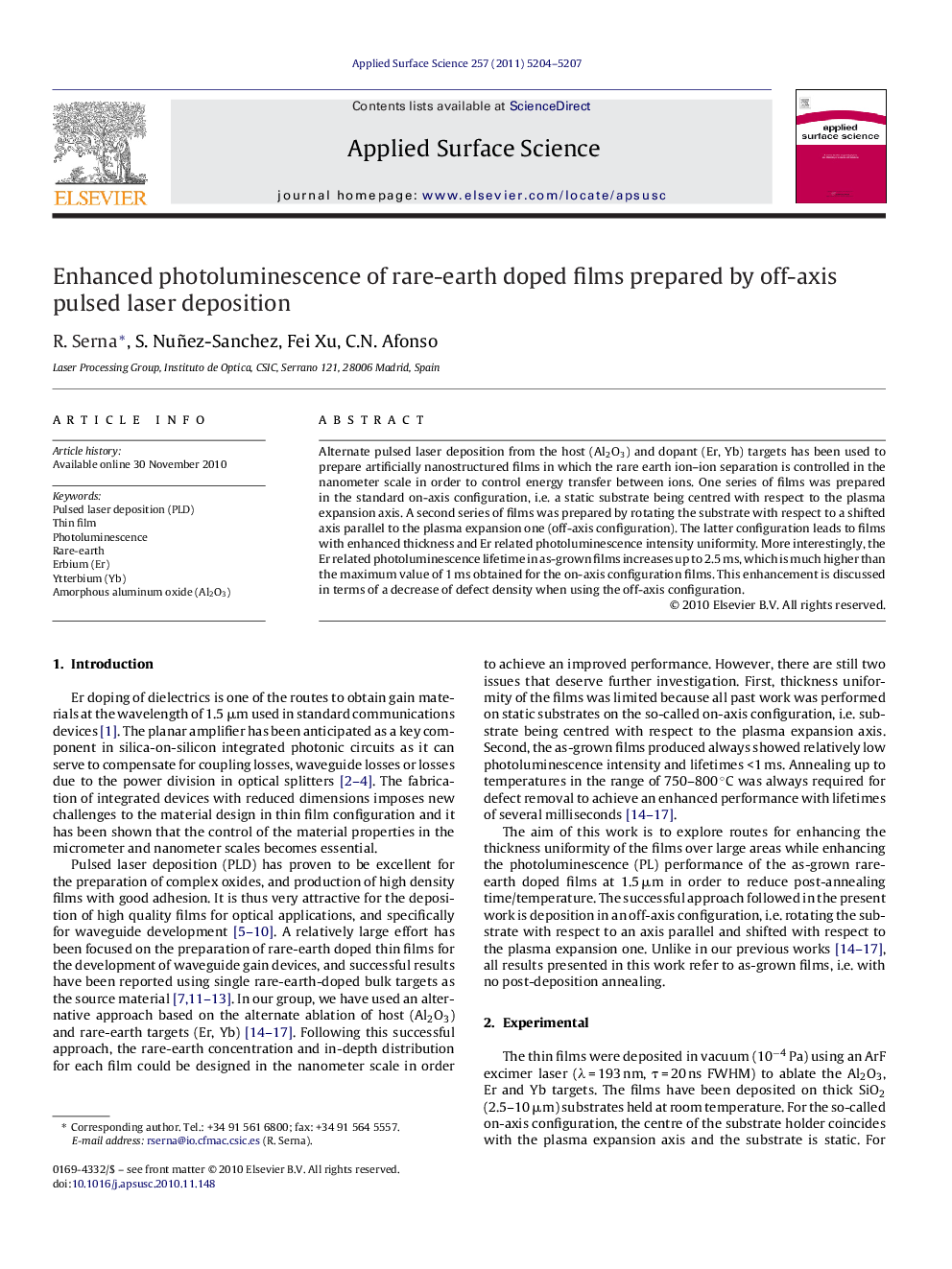 Enhanced photoluminescence of rare-earth doped films prepared by off-axis pulsed laser deposition