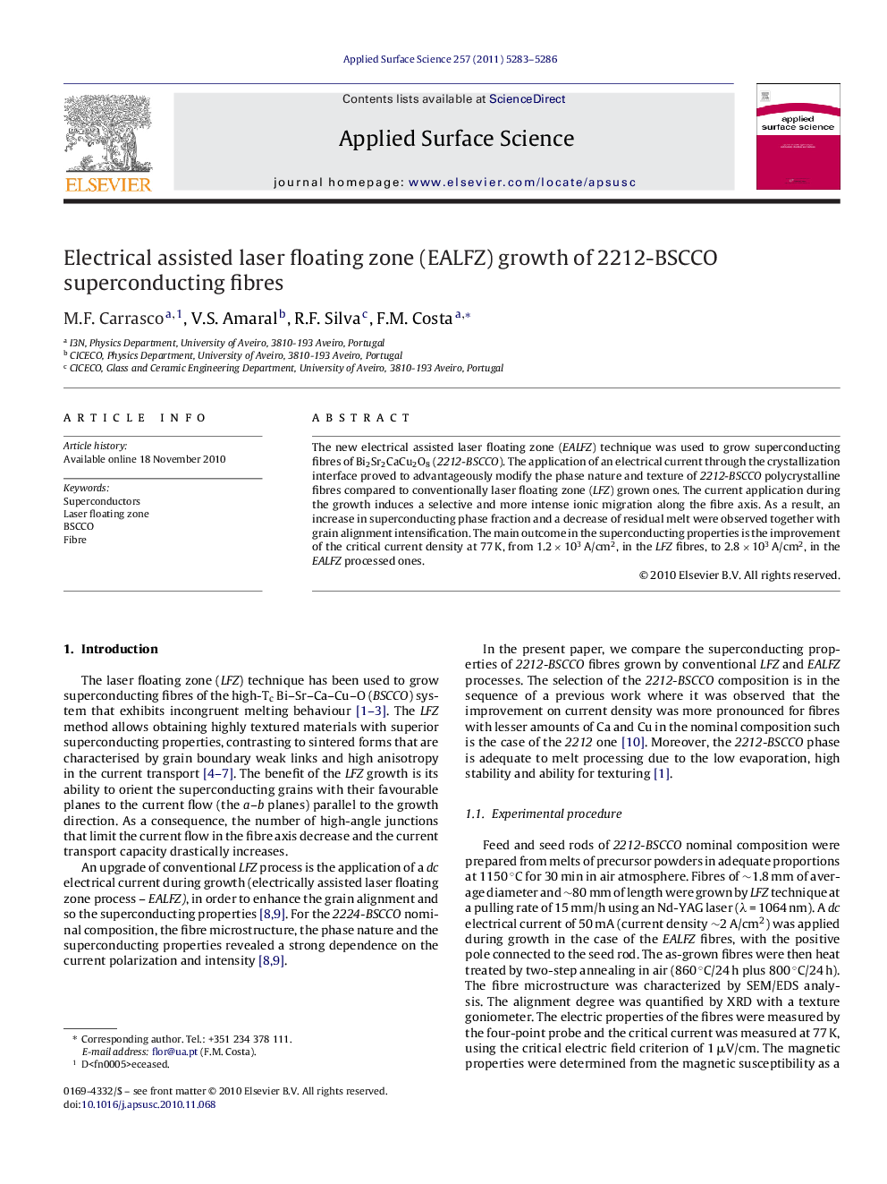 Electrical assisted laser floating zone (EALFZ) growth of 2212-BSCCO superconducting fibres