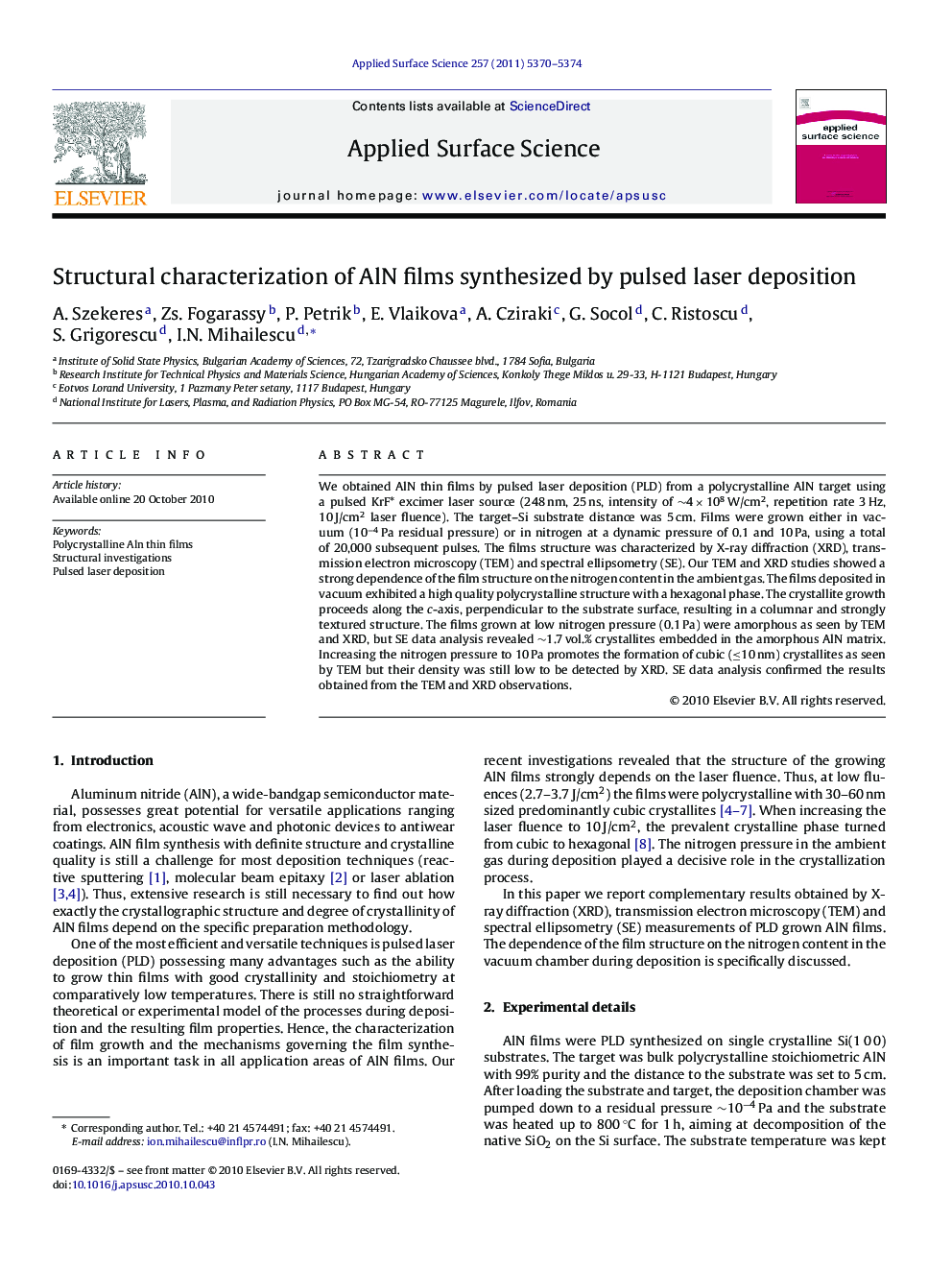 Structural characterization of AlN films synthesized by pulsed laser deposition