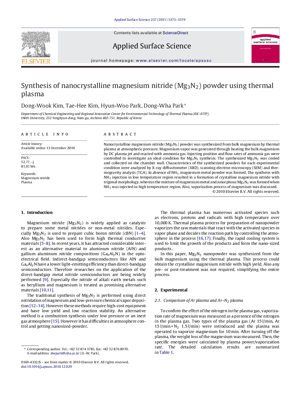 Synthesis of nanocrystalline magnesium nitride (Mg3N2) powder using thermal plasma