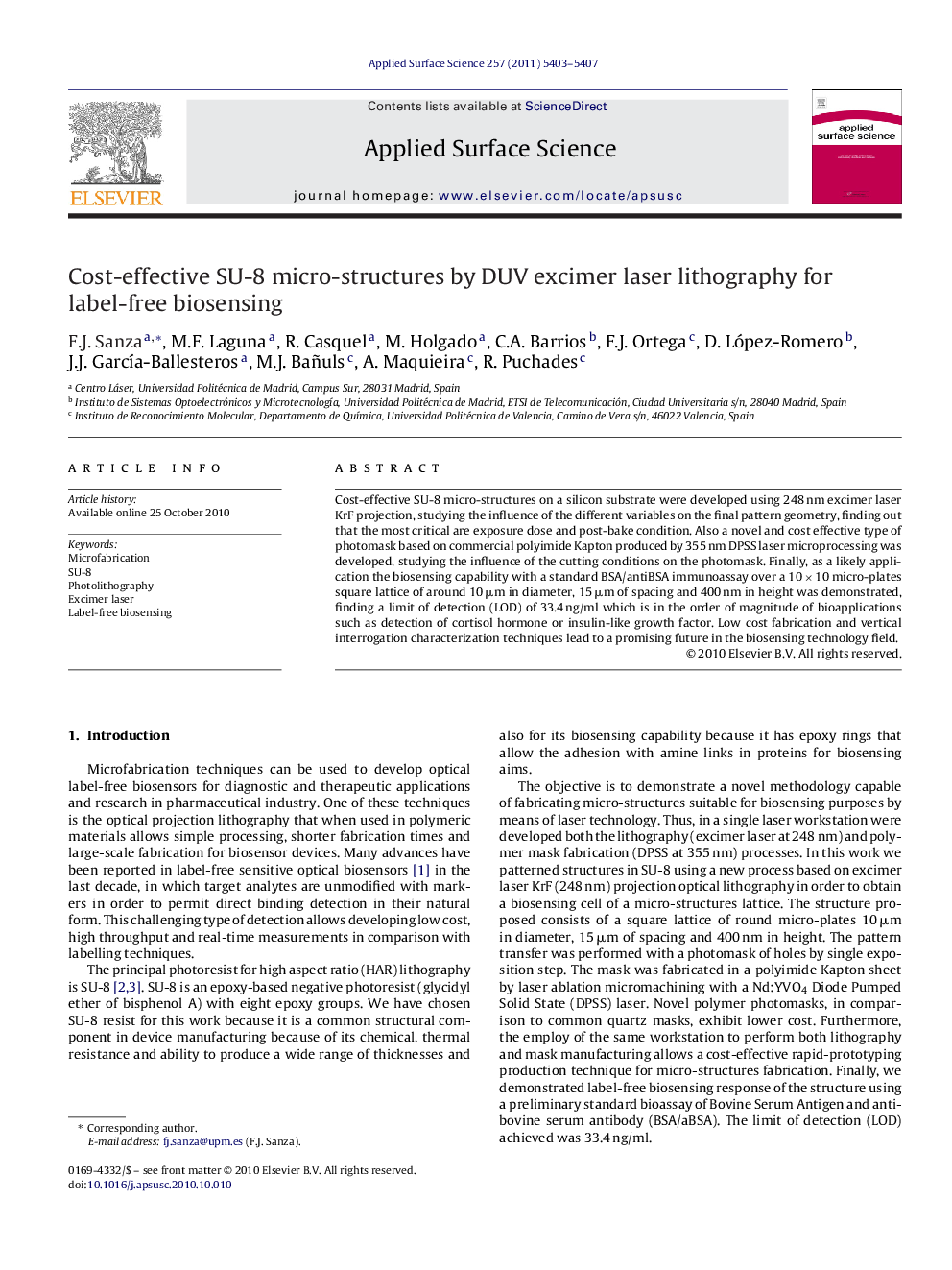 Cost-effective SU-8 micro-structures by DUV excimer laser lithography for label-free biosensing